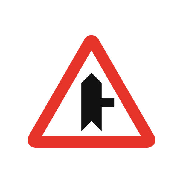 istock Triangular traffic signal in white and red, isolated on white background. Warning of side road on the right 1307759190