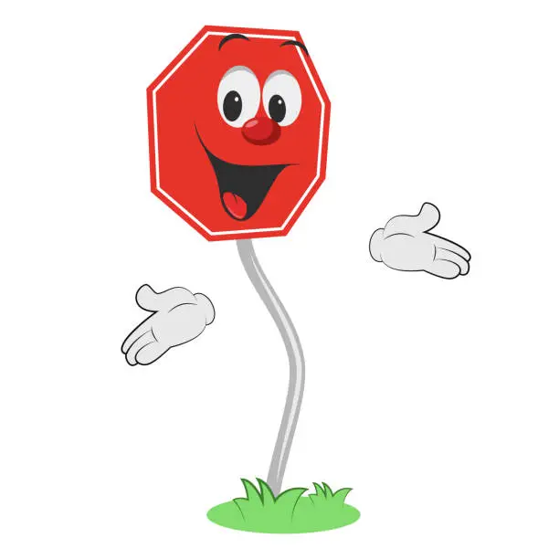 Vector illustration of Cartoon character of a octagonal traffic signal in red, isolated on white background. Mandatory Stop.