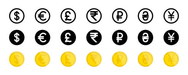 ilustrações, clipart, desenhos animados e ícones de ícones vetoriais de moeda. coleção de símbolos de dinheiro do mundo. ícones de moeda, isolados. ilustração vetorial - french currency illustrations