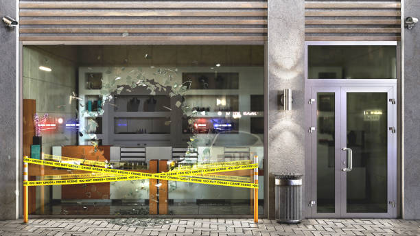 concept of destroyed glass showcase broken on pieces and crime tape beside, 3d illustration - vandalism imagens e fotografias de stock