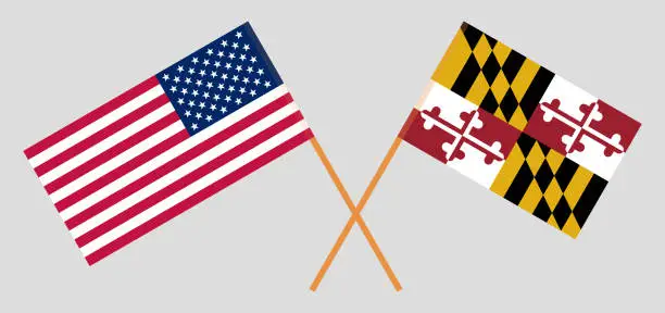 Vector illustration of Crossed flags of the USA and the State of Maryland