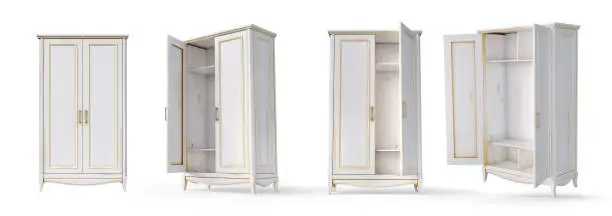 Photo of Set of empty white cupboards on a white background. 3d illustration