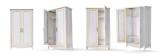 conjunto de armários brancos vazios em um fundo branco. ilustração 3d - door old fashioned old closed - fotografias e filmes do acervo