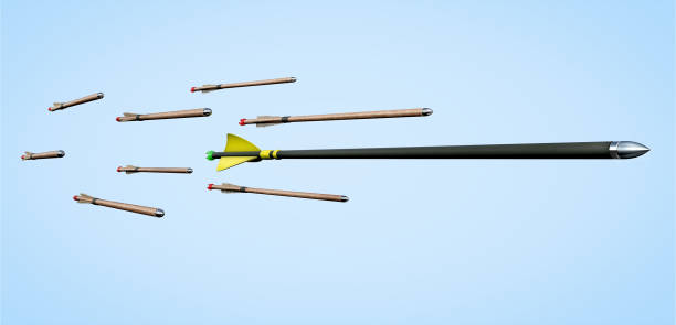 istock Modern carbon arrow is pulling ahead and the traditional wooden feathered arrows lag behind, concept, 3d illustration 1307760970