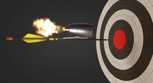 istock Arrow with jet engine flies to the target, concept on black background, 3d illustration 1307761105