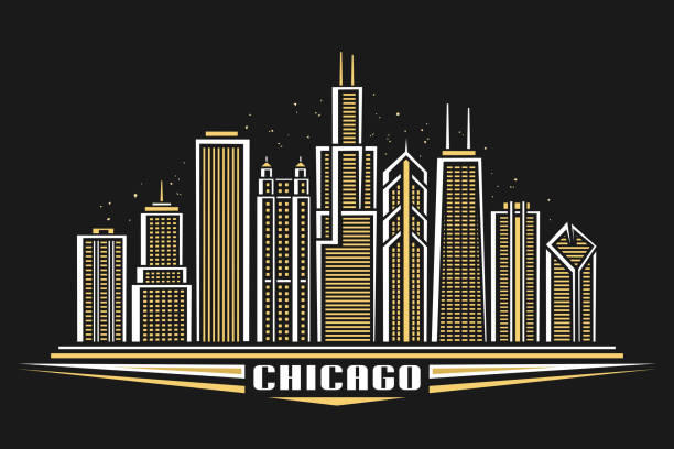 Vector illustration of Chicago Vector illustration of Chicago City, horizontal poster with art line design illuminated chicago city scape, panoramic contemporary concept with decorative font for word chicago on dark background. chicago skyline stock illustrations