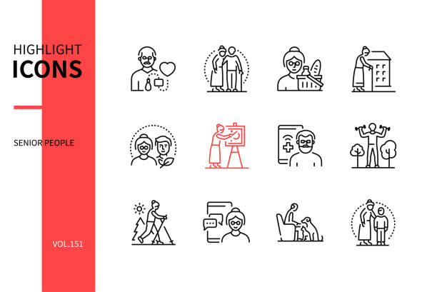 Senior people - line design style icons set Senior people - line design style icons set. Social issues, elderly care idea. Volunteering, medical consultation, nursing home, blood pressure control, art therapy, ski walking, fitness, pets, family animal related occupation stock illustrations