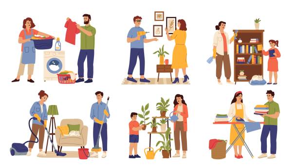 Family clean home. Woman wash clothes, child and parents cleaning house. Household help characters, housework routine swanky vector scenes Family clean home. Woman wash clothes, child and parents cleaning house. Household help characters, housework routine vector. Woman mother clean room and clothes, family do household illustration man doing household chores stock illustrations