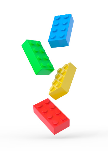 Colorful plastic toy building blocks on white background. 3D rendering illustration