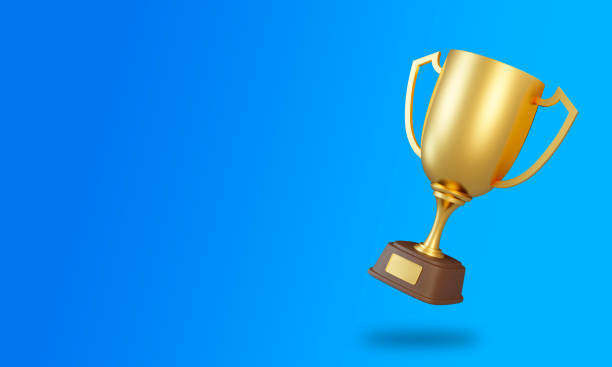 copa trofeo sobre fondo azul - cup gold winning wineglass fotografías e imágenes de stock