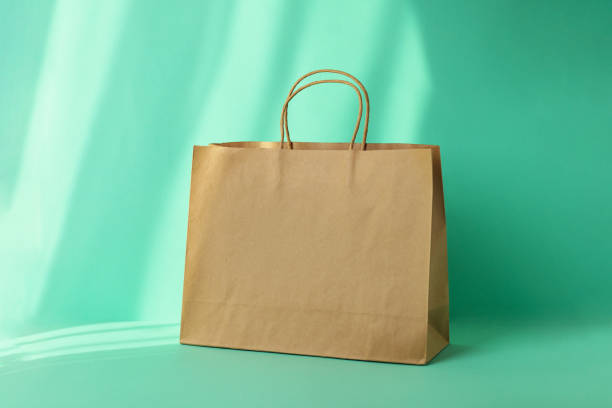 istock Blank paper bag on mint background, space for text 1307769918