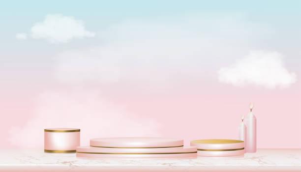 istock Vector 3D Showcase display with white fluffy clouds in blue and pink pastel and yellow gold stand,Realistic luxury podium background,illustration showcase mock up for cosmetic or beauty product 1307770152