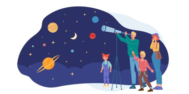 istock Flat cartoon family characters watching the starry sky through a telescope,vector illustration concept 1307770270
