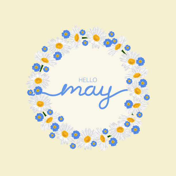 Seasonal spring flowers wreath, isolated on yellow background. Hello May. Vector illustration. USable for different purposes. swedish summer stock illustrations