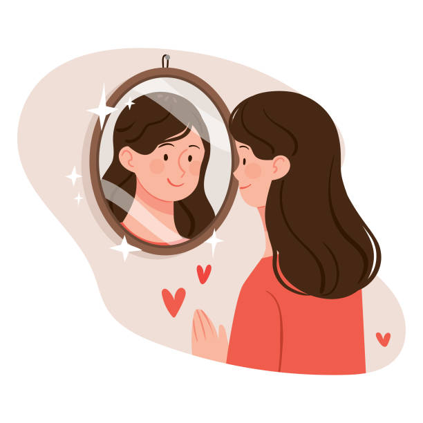 ilustrações de stock, clip art, desenhos animados e ícones de the woman looks at herself in the mirror. a woman who is satisfied and loves herself. - mirror
