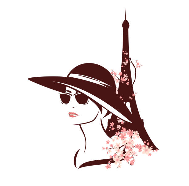 elegant woman wearing sunglasses and hat among flowers and eiffel tower - spring Paris vector portrait young woman wearing sunglasses and wide brimmed hat among blooming tree branches and eiffel tower - fashion spring in Paris vector design paris fashion stock illustrations