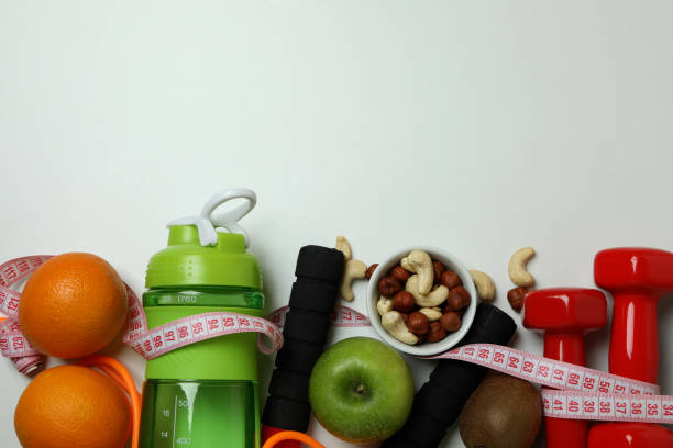 istock Weight loss accessories on white background, space for text 1307773849
