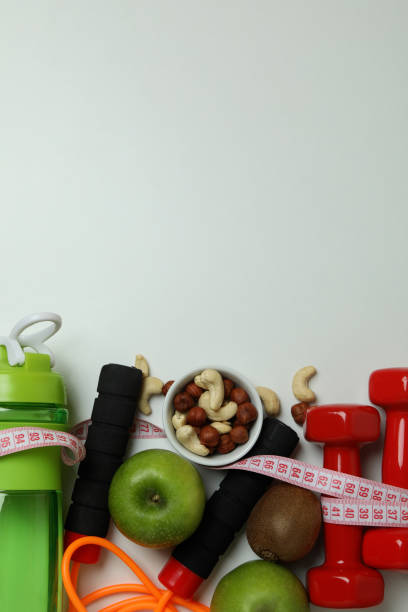 istock Weight loss accessories on white background, space for text 1307774333