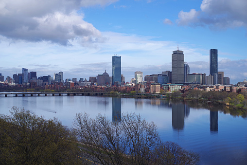 Uncommon view of Boston skyline showing Back Bay-Beacon Hill-Charles River