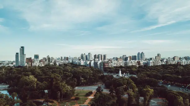 Aerial view of Buenos Aires Skyline, with Bosques de Palermo Park and Monument to the Carta Magna