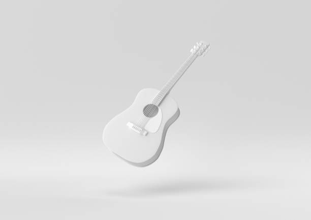 istock White Guitar acoustic body floating in white background. minimal concept idea creative. monochrome. 3D render. 1307779459