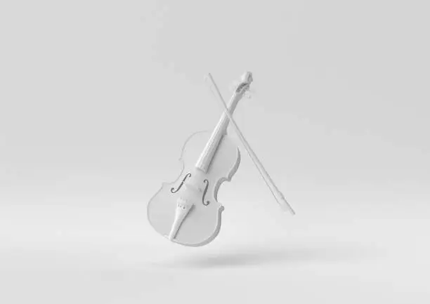 Photo of White Violin floating in white background. minimal concept idea creative. monochrome. 3D render.