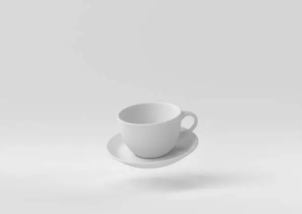 Photo of White Coffee cup floating in white background. minimal concept idea creative. monochrome. 3D render.
