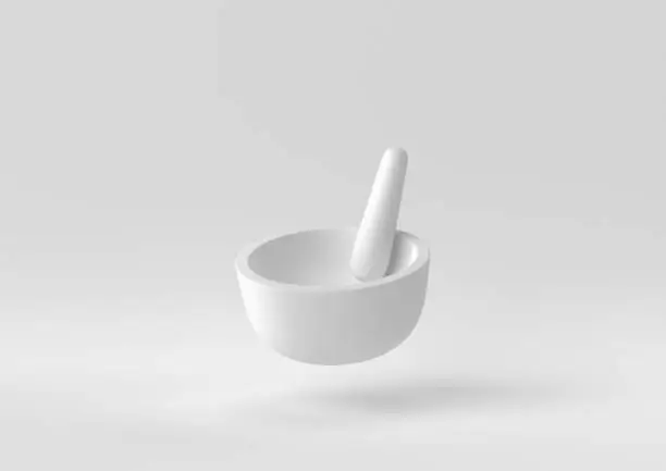 White Mortar and pestle floating in white background. minimal concept idea creative. monochrome. 3D render.