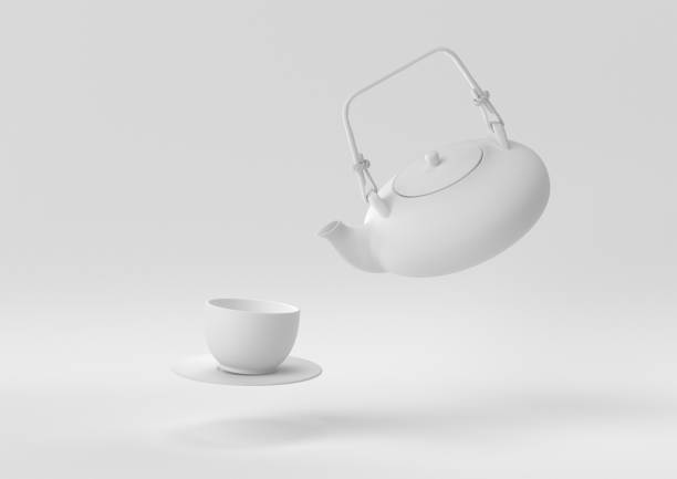 teiera bianca e tazze galleggianti su sfondo bianco. idea concettuale minima creativa. monocromatica. rendering 3d. - chinese tea teapot isolated tea foto e immagini stock