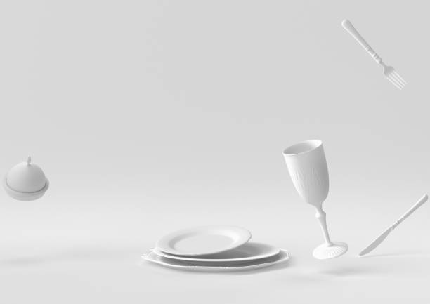 White Empty plate, forks, knives, spoons, set in restaurant floating in white background. minimal concept idea creative. monochrome. 3D render.