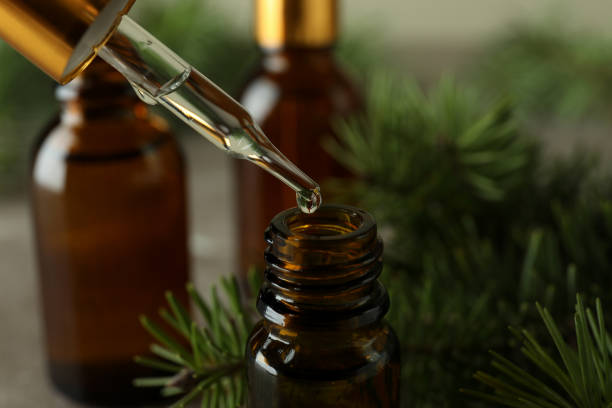 istock Pipette with pine oil and brown bottle, close up 1307780959