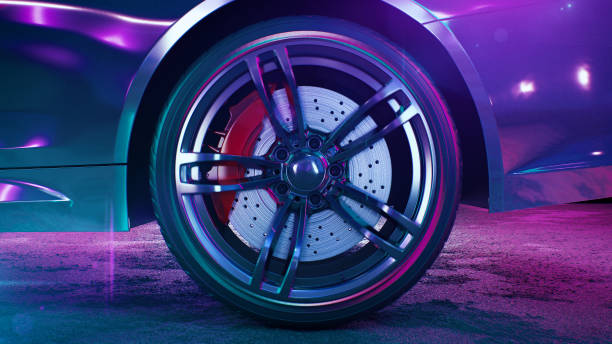 istock 3d render 80s retrowave background car whhels 1307781785
