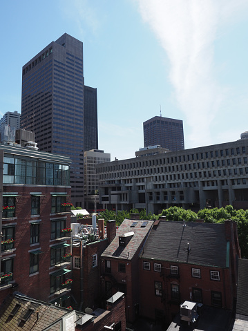 Boston, USA - June 15, 2019: Image of downtown Boston with a view on the city hall and 28 state street tower.