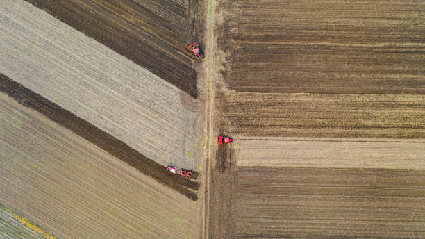 istock Above top view shot of three tractors, they are pulling machines, over arable field, preparing soil for new crop 1307783949