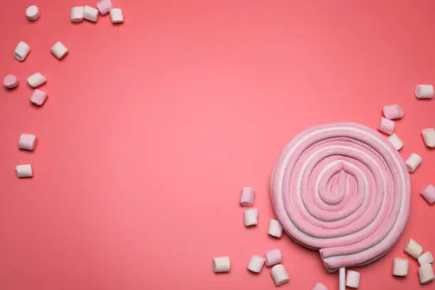 Photo of Marshmallows and lolly pop on the pink background, with free space for text.