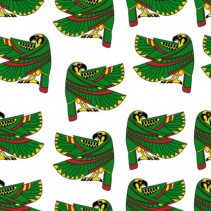 Ancient Egypt bright green falcon on white background vector seamless pattern
