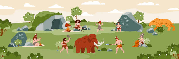 Prehistoric life scenes tribal primitive people in stone age. Men hunting mammoth, women cooking meat on fire near cave, sew fur clothes, kids drawing on rocks. Vector illustration