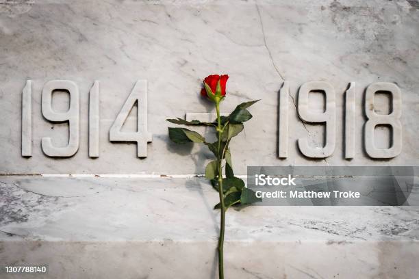 Single Red Rose Stood On White Marble World War Memorial Statue 1914 To 1918 First And Second Remembrance Day Anniversary Close Up Stock Photo - Download Image Now