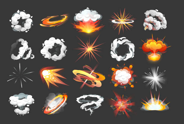 анимация для игры комический эффект взрыва кадров. энергетический взрыв, облако дыма пламени, эффекты взрыва движения, паровые облака, слой - власть ветера stock illustrations