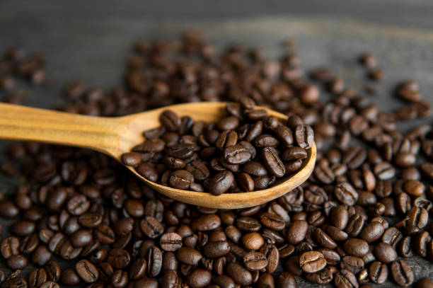 fresh roasted arabica coffee beans in a wooden spoon and scattered coffee beans on a wooden table. - coffee cup bean sugar imagens e fotografias de stock