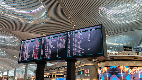 Istanbul, Turkey - July 2019: Flight information time table in new Istanbul Airport displaying the upcoming flights
