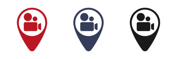 Video camera icon. Map label. Interface element to illustrate mobile concepts and web applications. Thin glyph icon for website design and development, app development. Illustration Video camera icon. Map label. Interface element to illustrate mobile concepts and web applications. Thin glyph icon for website design and development, app development. Illustration video playback icons stock illustrations