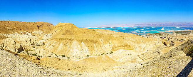 Panoramic view of the Zohar valley landscape, with salt evaporation pools in the southern part of the Dead Sea. Southern Israel