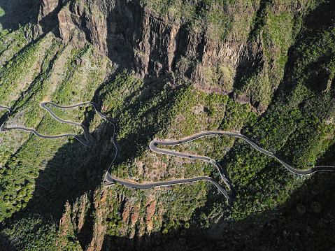 Aerial view of famous Masca Canyon and mountain road on Tenerife island, Canary Islands, Spain