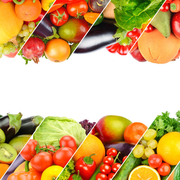 istock Different useful fruits and vegetables isolated on white background. Collage. Free space for text. 1307791010
