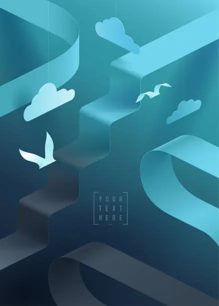 Vector illustration of abstract geometric background stairs clouds birds