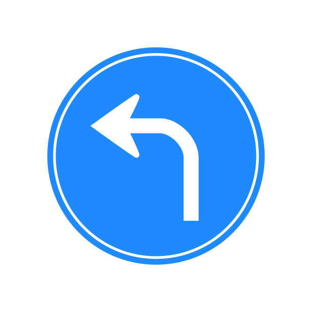 istock Rounded traffic signal in blue and white, isolated on white background. Compulsory turn left ahead 1307794661