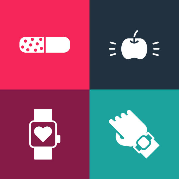 illustrazioni stock, clip art, cartoni animati e icone di tendenza di imposta l'orologio smart pop art a portata di mano, l'icona della pillola apple e vitamin. vettore - pill pop art capsule medicine