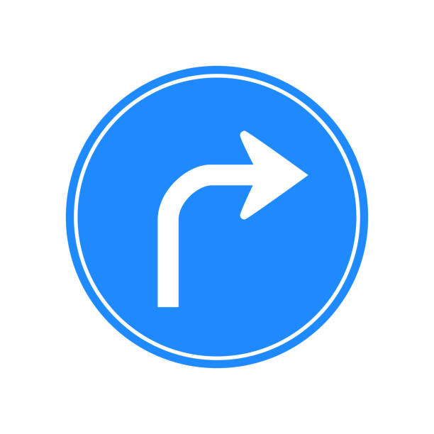istock Rounded traffic signal in blue and white, isolated on white background. Compulsory turn right ahead 1307796979