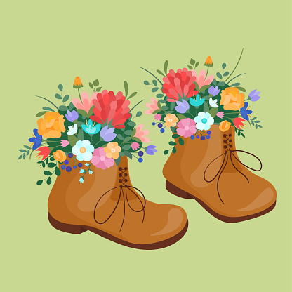 Vector illustration spring boots on laces with blooming bouquet flowers on green grass. Spring symbol flat style.